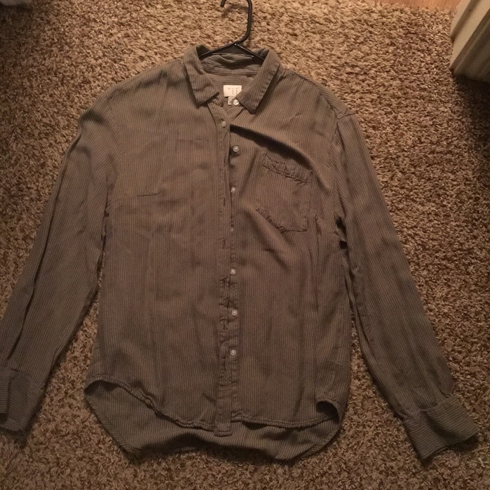 Olive with white stripes; button down blouse